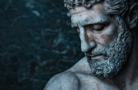Weathered stone statue of a pensive male figureの素材