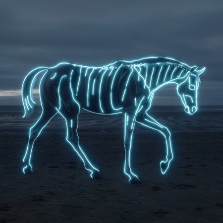 Glowing horse silhouette on beach at nightの素材