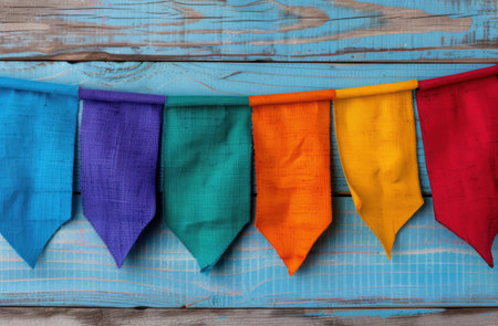 Colorful fabric banners hanging on wooden backgroundの素材