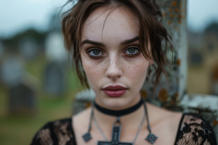 Thoughtful young woman with freckles and messy hairの素材