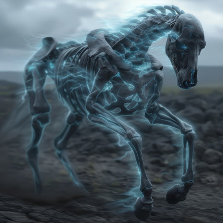 Ghostly skeletal horse emerging from mistの素材