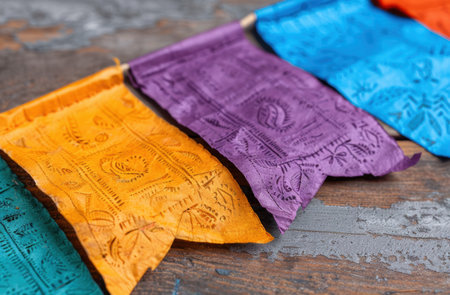 Colorful patterned fabric on wooden surfaceの素材