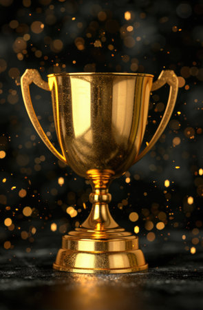 golden trophy award on dark background with sparkling lightsの素材