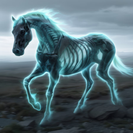 Ghostly skeletal horse galloping through stormy landscapeの素材