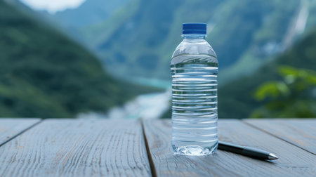 Bottle of water on wooden table with mountain landscapeの素材