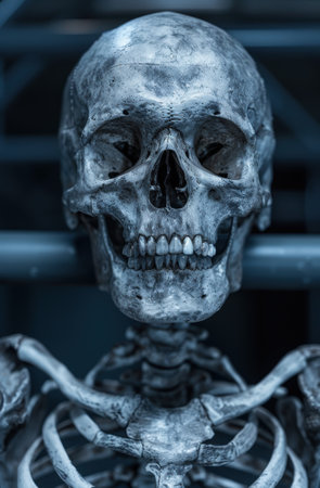 Haunting skeletal remains in eerie blue lightingの素材