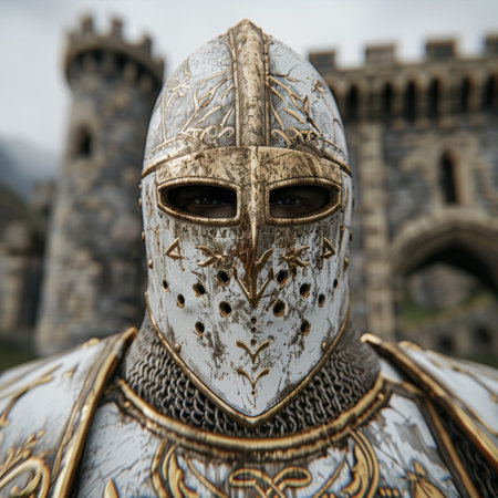 Ornate medieval knight's helmet with intricate designsの素材