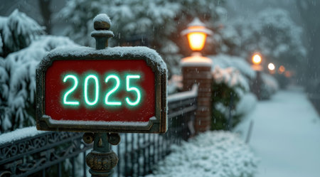 Snowy winter scene with illuminated address signの素材