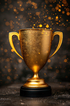 golden trophy award on dark background with sparkling lightsの素材