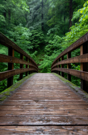 Wooden bridge in lush green forestの素材