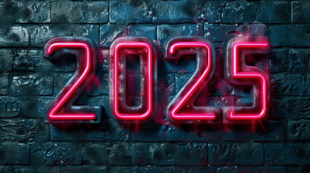 Neon numbers 2025 on dark textured backgroundの素材