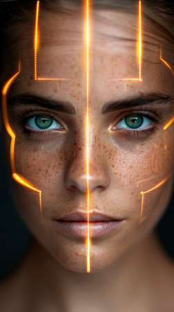 futuristic woman with glowing facial featuresの素材