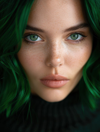 mysterious woman with green hair and piercing eyesの素材