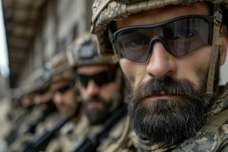 close-up portrait of a bearded soldier in military uniformの素材