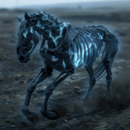 Glowing skeletal horse in a dark, misty fieldの素材