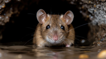 close-up of a curious mouse peeking out of the waterの素材
