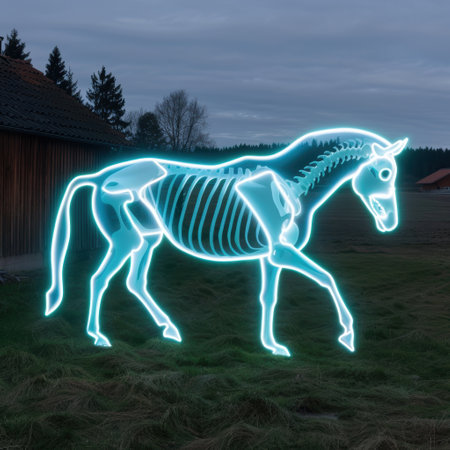 Glowing horse skeleton in a rural landscapeの素材