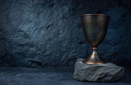 Antique metal chalice on slate backgroundの素材