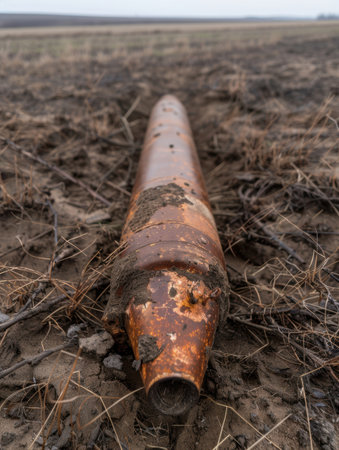 Rusty pipe lying in fieldの素材
