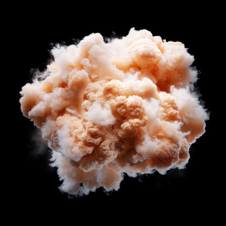 Dramatic explosion of orange and white smoke on black backgroundの素材