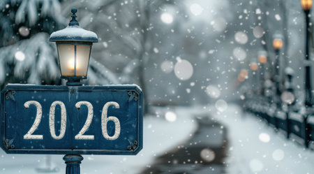 Snowy winter scene with illuminated street lamp and date 2026の素材