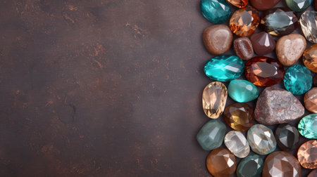 Assortment of colorful gemstones and rocks on dark backgroundの素材