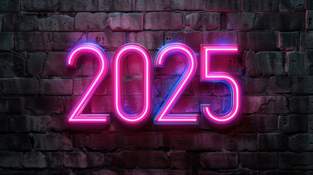 Glowing neon numbers 2025 on a brick wallの素材