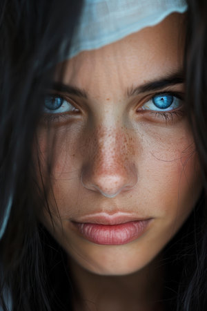 Pensive woman with striking blue eyesの素材