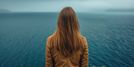 woman looking out at the oceanの素材