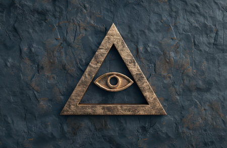 ancient symbol of the all-seeing eye inside a triangle on a dark backgroundの素材
