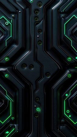 Futuristic circuit board pattern with glowing green linesの素材