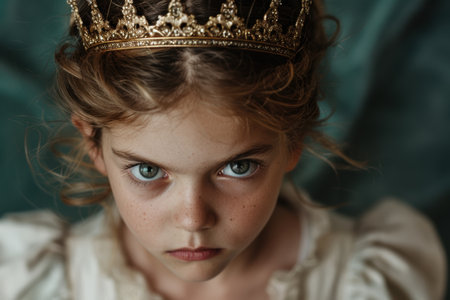 Serious young girl wearing golden crownの素材