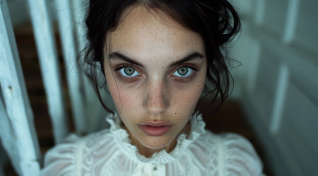 Pensive young woman with piercing blue eyesの素材