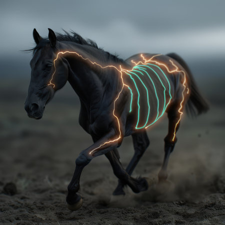 Majestic electric horse in stormy landscapeの素材