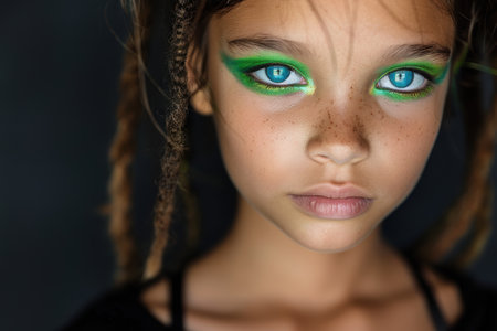 Intense green eye makeup on a young woman's faceの素材