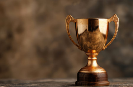 golden trophy cup on wooden tableの素材