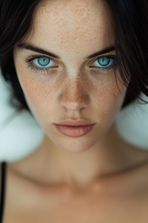 Intense gaze of a woman with striking blue eyesの素材