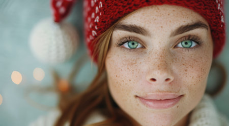 close-up portrait of a young woman with red hat and frecklesの素材