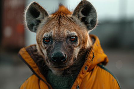 close-up portrait of a wild dog in a yellow jacketの素材