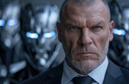 Serious businessman with beard looking sternの素材