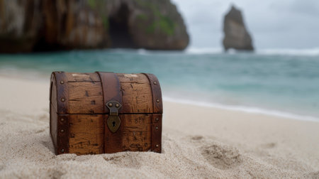 Wooden treasure chest on sandy beach with rocky cliffs in backgroundの素材