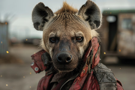 close up portrait of a hyena wearing a red jacketの素材