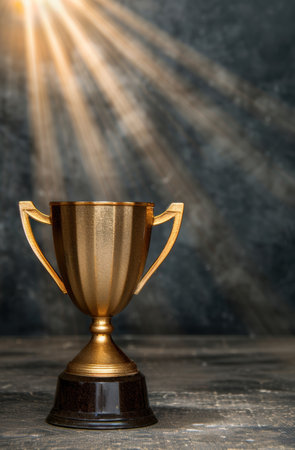 golden trophy on wooden surface with dramatic lightingの素材