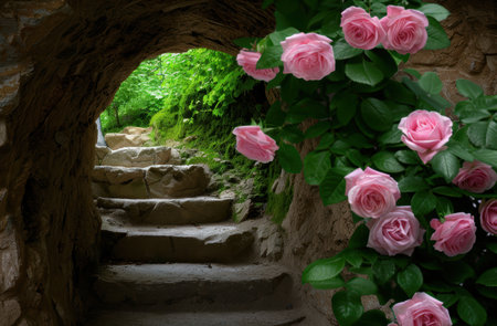 Enchanting garden path with pink rosesの素材