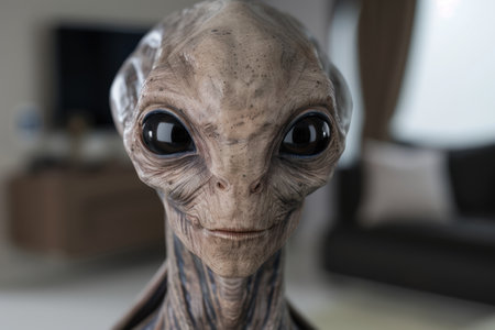 Alien face with large black eyes and wrinkled skinの素材