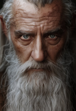 Weathered face of an elderly man with a long, white beardの素材
