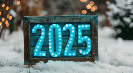 Illuminated new year 2025 sign in snowy winter sceneの素材