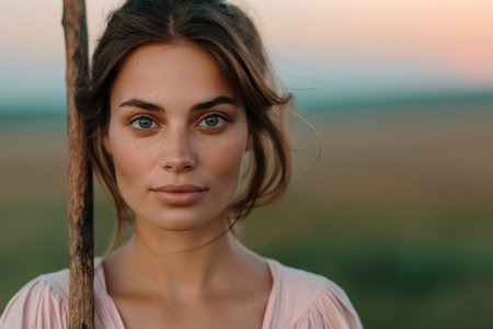 beautiful woman with natural makeup and windblown hairの素材