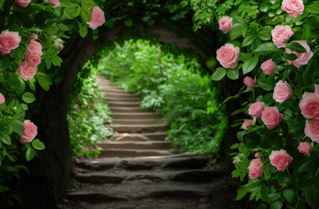 Enchanting garden path framed by pink rosesの素材