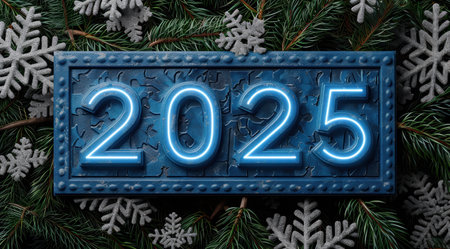 new year 2025 sign with winter decorationsの素材